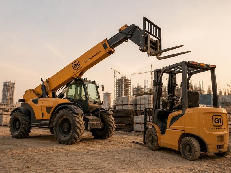 Telehandler with forks raised at a construction yard