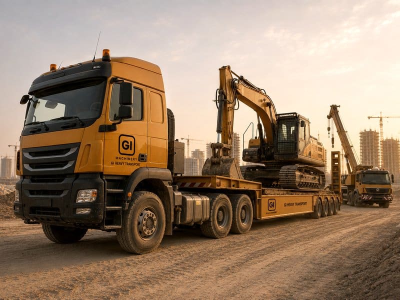 Prime mover with a low-bed trailer carrying a tracked excavator