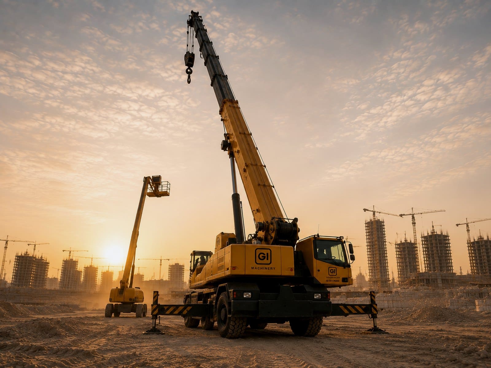 Mobile crane with its boom extended and a boom lift at a Dubai construction site at sunrise