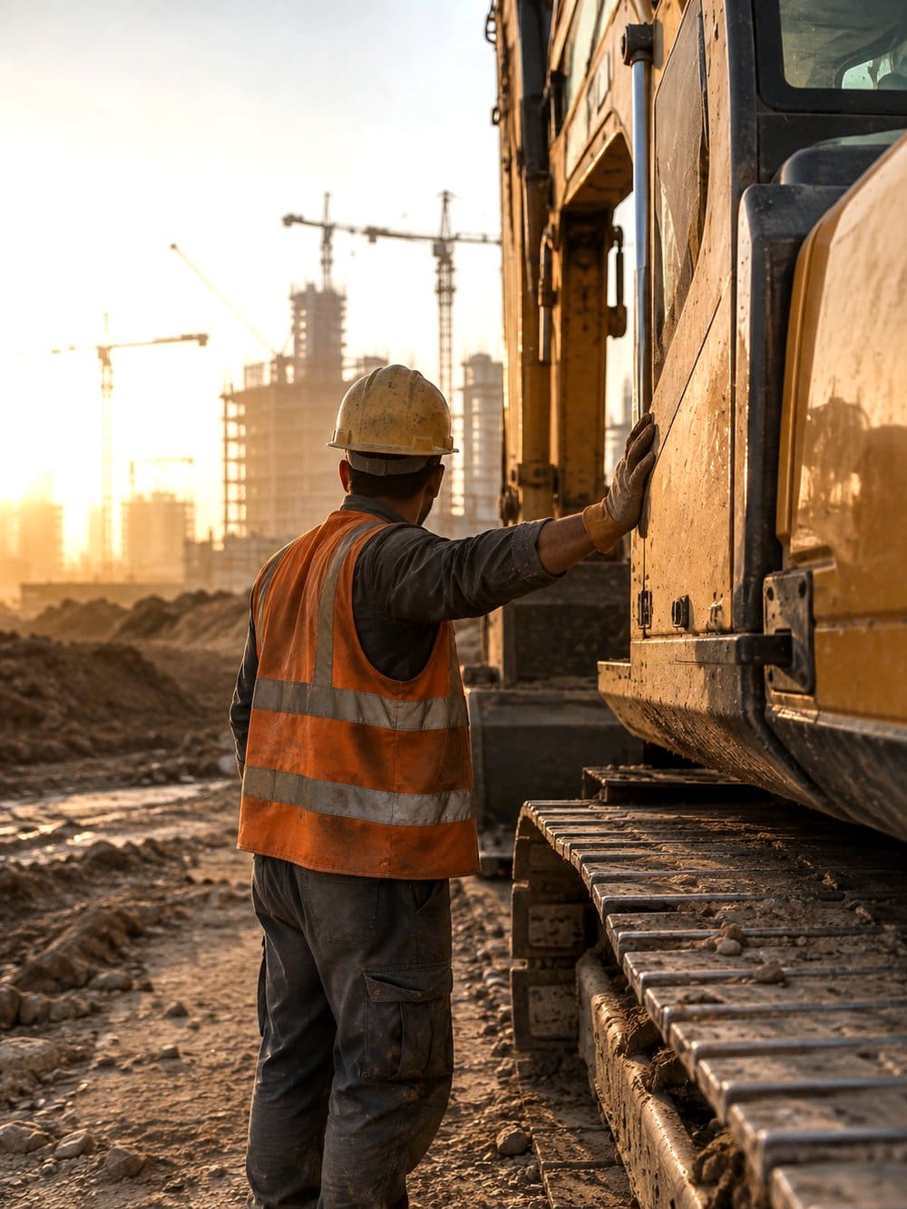 Equipment operator standing beside his excavator at a construction site